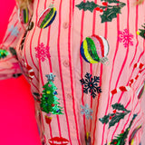 Queen Of Sparkles Light Pink & Red Stripe Christmas Icons Button Up Top