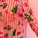 Queen Of Sparkles Light Pink & Red Stripe Christmas Icons Button Up Top
