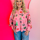 Pink and red striped top with sequin Christmas icons—trees, ornaments, candy canes, and snowflakes.