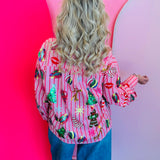 Queen Of Sparkles Light Pink & Red Stripe Christmas Icons Button Up Top