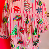 Queen Of Sparkles Light Pink & Red Stripe Christmas Icons Button Up Top
