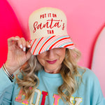 Pink and cream Santa’s Tab hat with candy-striped bill and embroidered holiday lettering.