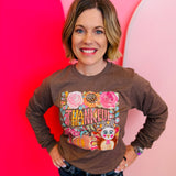 Espresso long sleeve tee with “Thankful” floral pumpkin and leopard turkey graphic.