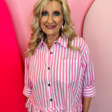 Pink Striped Button Down Ruffle Top