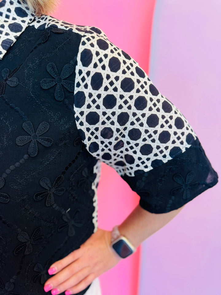 Black & White Floral Textured Contrast Button Up Top
