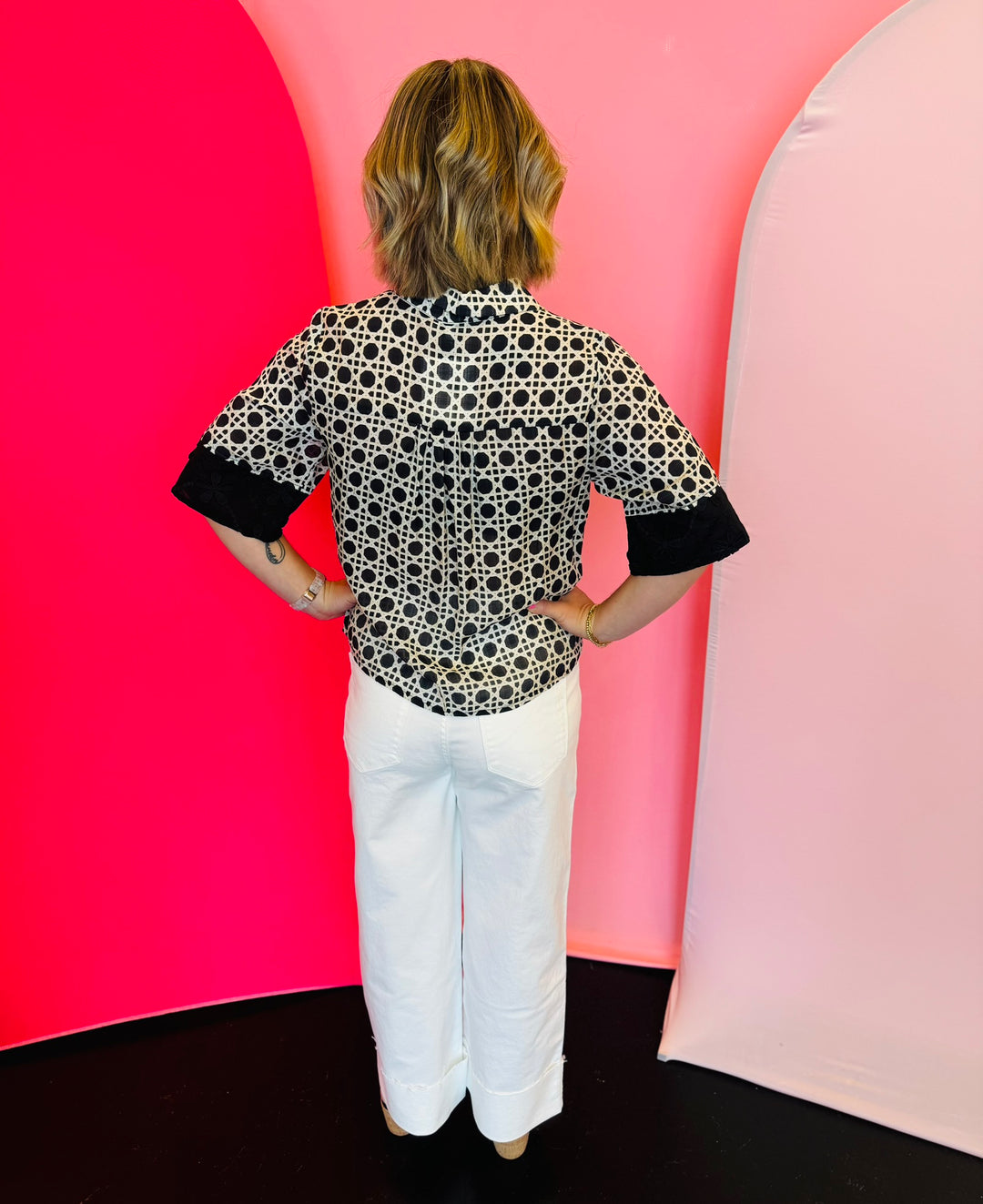 Black & White Floral Textured Contrast Button Up Top