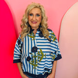 Blue striped floral button-down cotton top with collar, scalloped hem, and 3/4 drop sleeves.