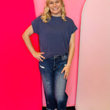 Navy Raised Ribbed Cap Sleeve Top