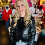 Black Feather Hem Pleather Jacket