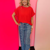 Red Raised Ribbed Cap Sleeve Top