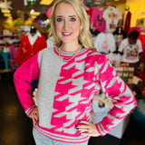 Pink Houndstooth Long Sleeve Knit Sweater