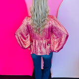 Fuchsia Metallic Bow Peplum Top