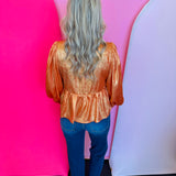 Orange Metallic Bow Peplum Top