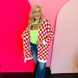 Oversized red and white checkered cardigan with open front, long length, and front pockets.
