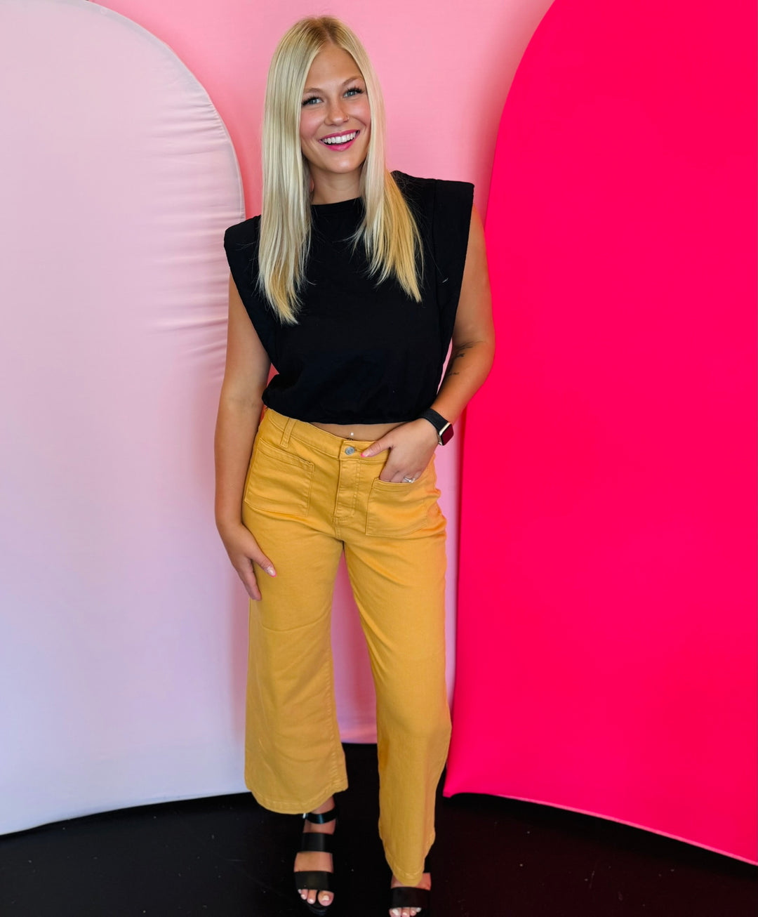 Inca gold high-rise crop wide-leg jeans with two front pockets and relaxed fit.