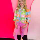 Queen Of Sparkles Pastel Colorblock Easter Bunny Button Up Collar Cardigan