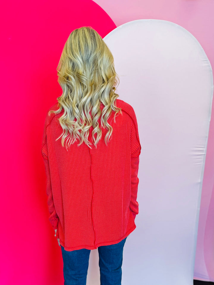 Red Ribbed Boat Neck Top