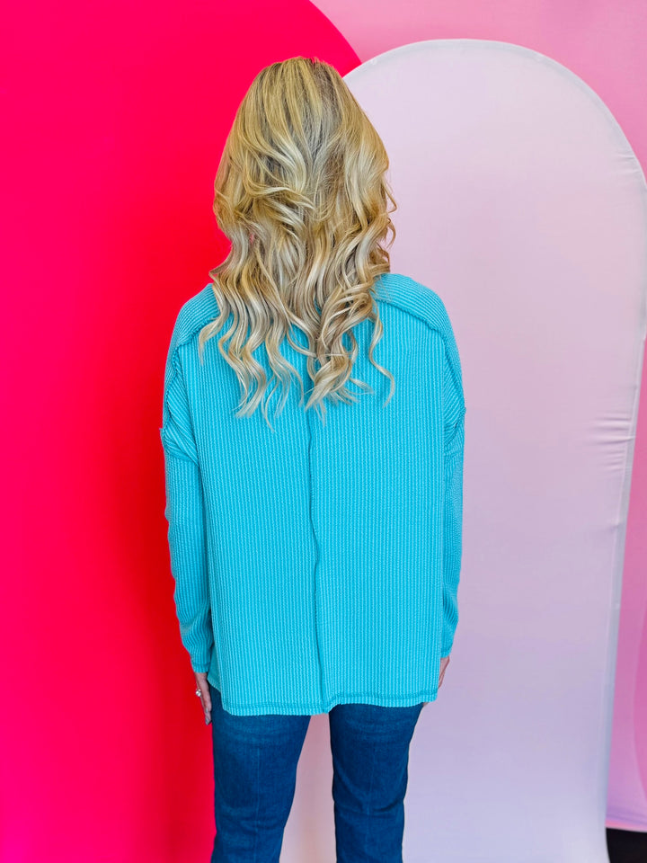 Turquoise Ribbed Boat Neck Top