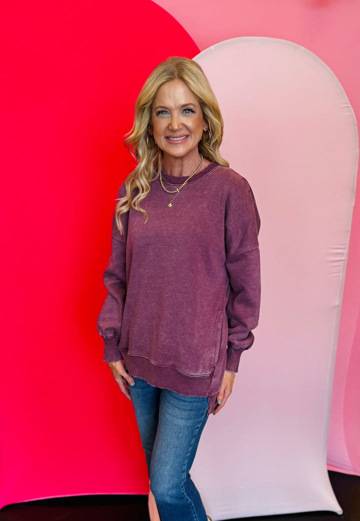 Eggplant Acid Wash Fleece Sweatshirt