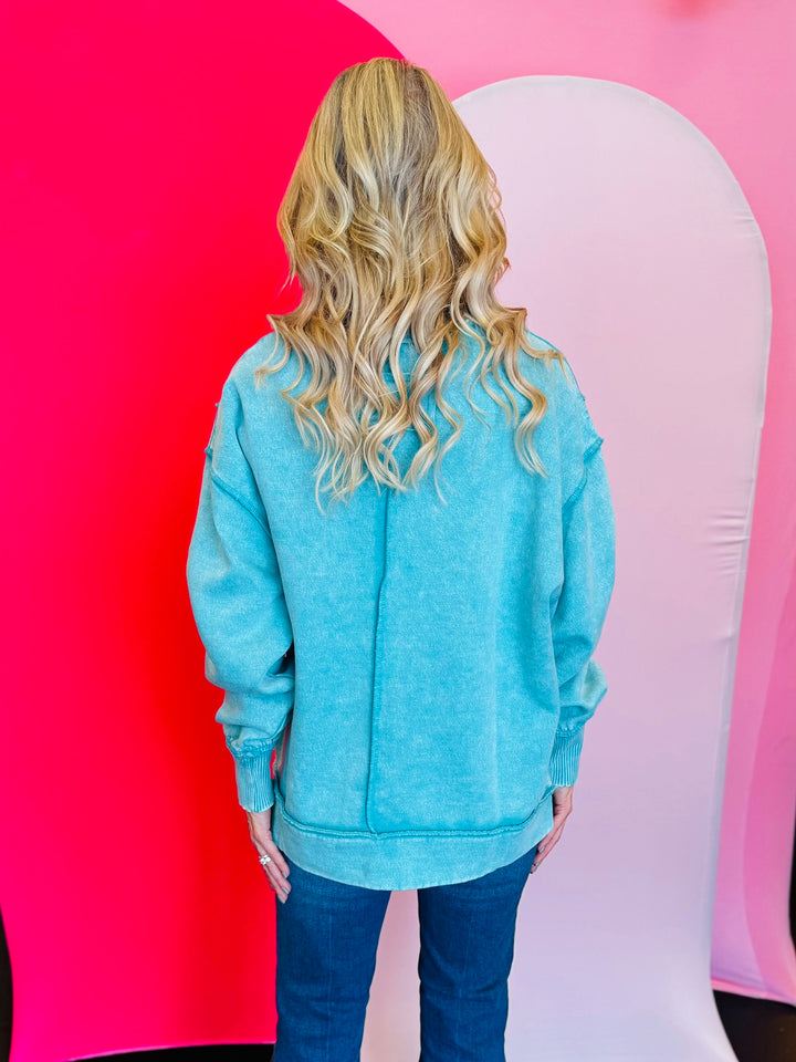 Turquoise Acid Wash Fleece Sweatshirt