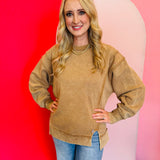 Camel acid wash fleece sweatshirt with exposed seams, relaxed fit, and side slits.