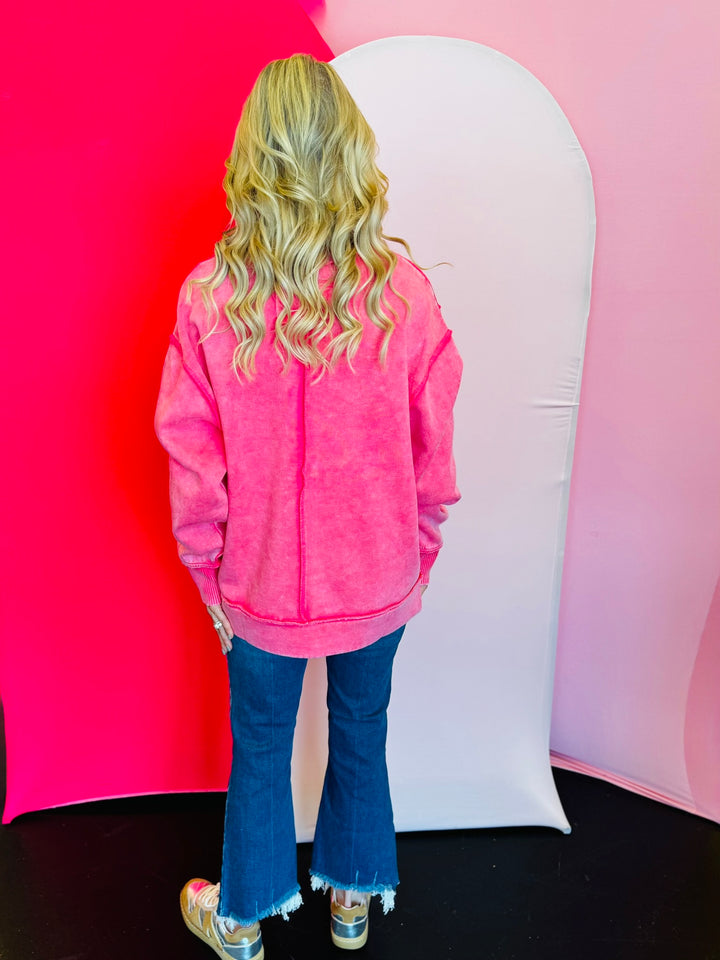 Fuchsia Acid Wash Fleece Sweatshirt