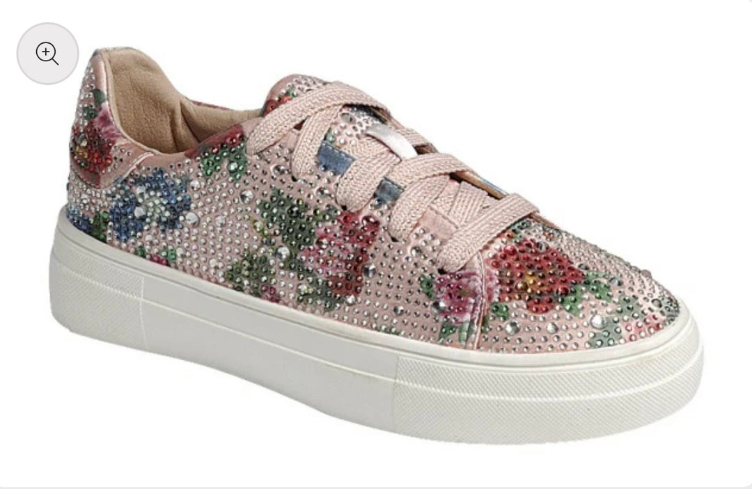 Blush floral rhinestone-covered sneakers with lace-up design, combining sparkle and comfort in a chic, feminine style.