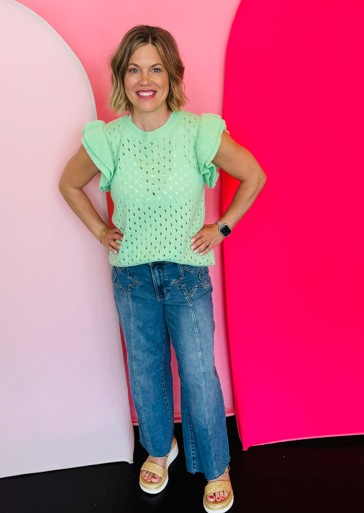 Casey Green Ruffle Sleeve Sweater