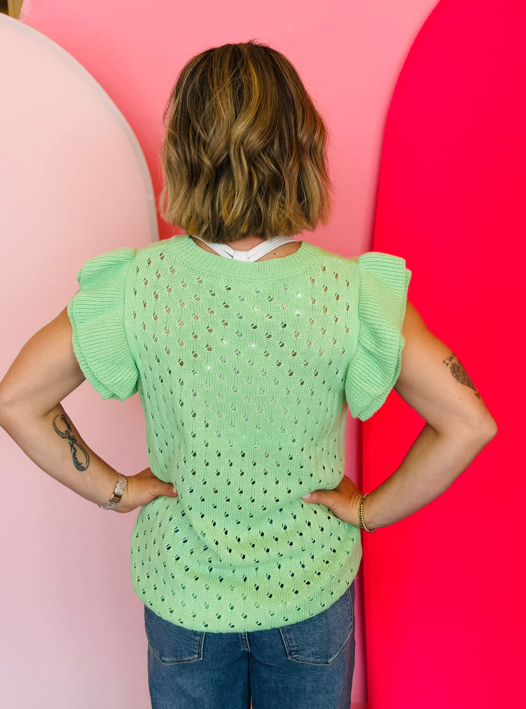 Casey Green Ruffle Sleeve Sweater