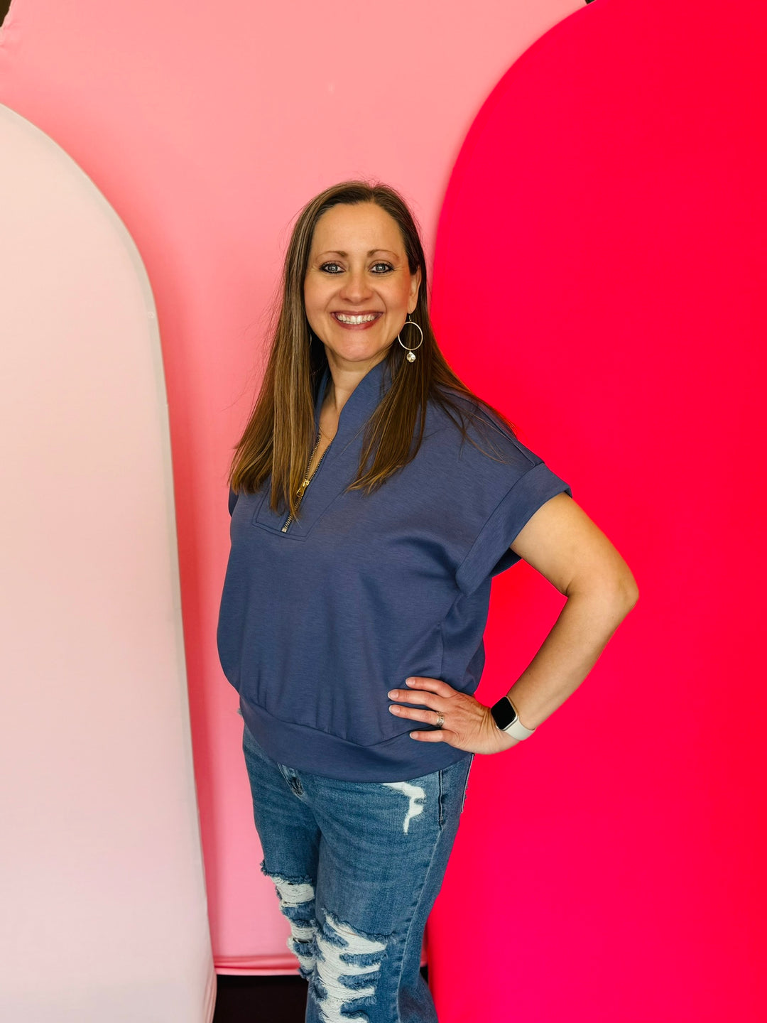 Blue indigo half zip high neck top with soft scuba-style fabric, combining comfort and versatile style for any occasion.