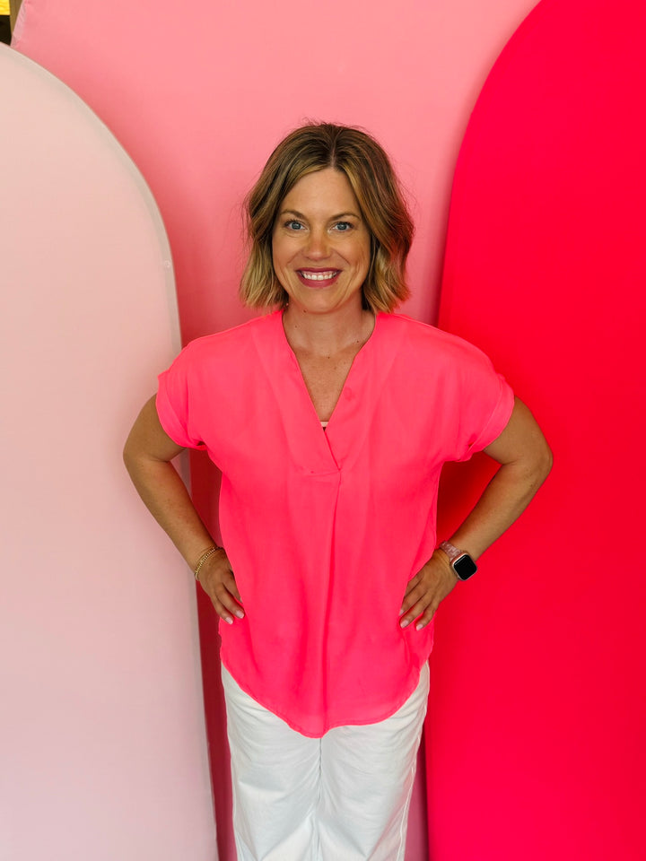 Whitney Neon Pink Woven Blouse