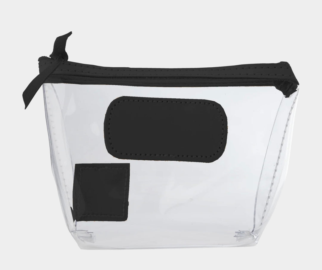 Jon Hart Airport Chico clear TSA-compliant travel pouch with black Natural Leather trim, flat bottom, and zippered brass closure—perfect for carrying 3oz liquids and travel essentials.