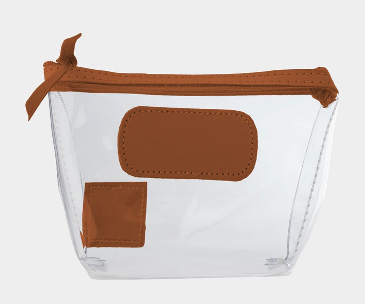 Jon Hart Airport Chico clear TSA-compliant travel pouch with bridle Natural Leather trim, flat bottom, and zippered brass closure—perfect for carrying 3oz liquids and travel essentials.