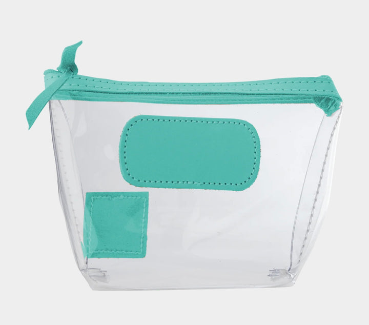Jon Hart Airport Chico clear TSA-compliant travel pouch with caribbean Natural Leather trim, flat bottom, and zippered brass closure—perfect for carrying 3oz liquids and travel essentials.