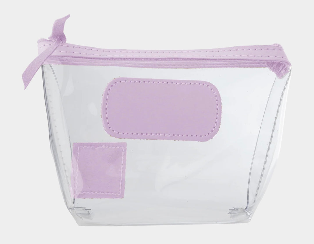 Jon Hart Airport Chico clear TSA-compliant travel pouch with iris Natural Leather trim, flat bottom, and zippered brass closure—perfect for carrying 3oz liquids and travel essentials.