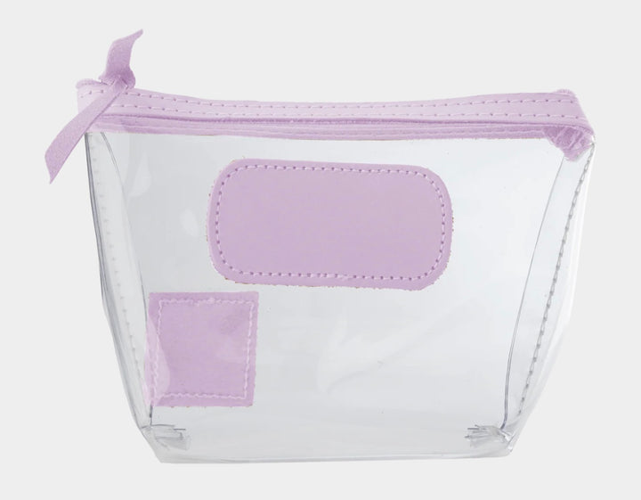 Jon Hart Airport Chico clear TSA-compliant travel pouch with iris Natural Leather trim, flat bottom, and zippered brass closure—perfect for carrying 3oz liquids and travel essentials.