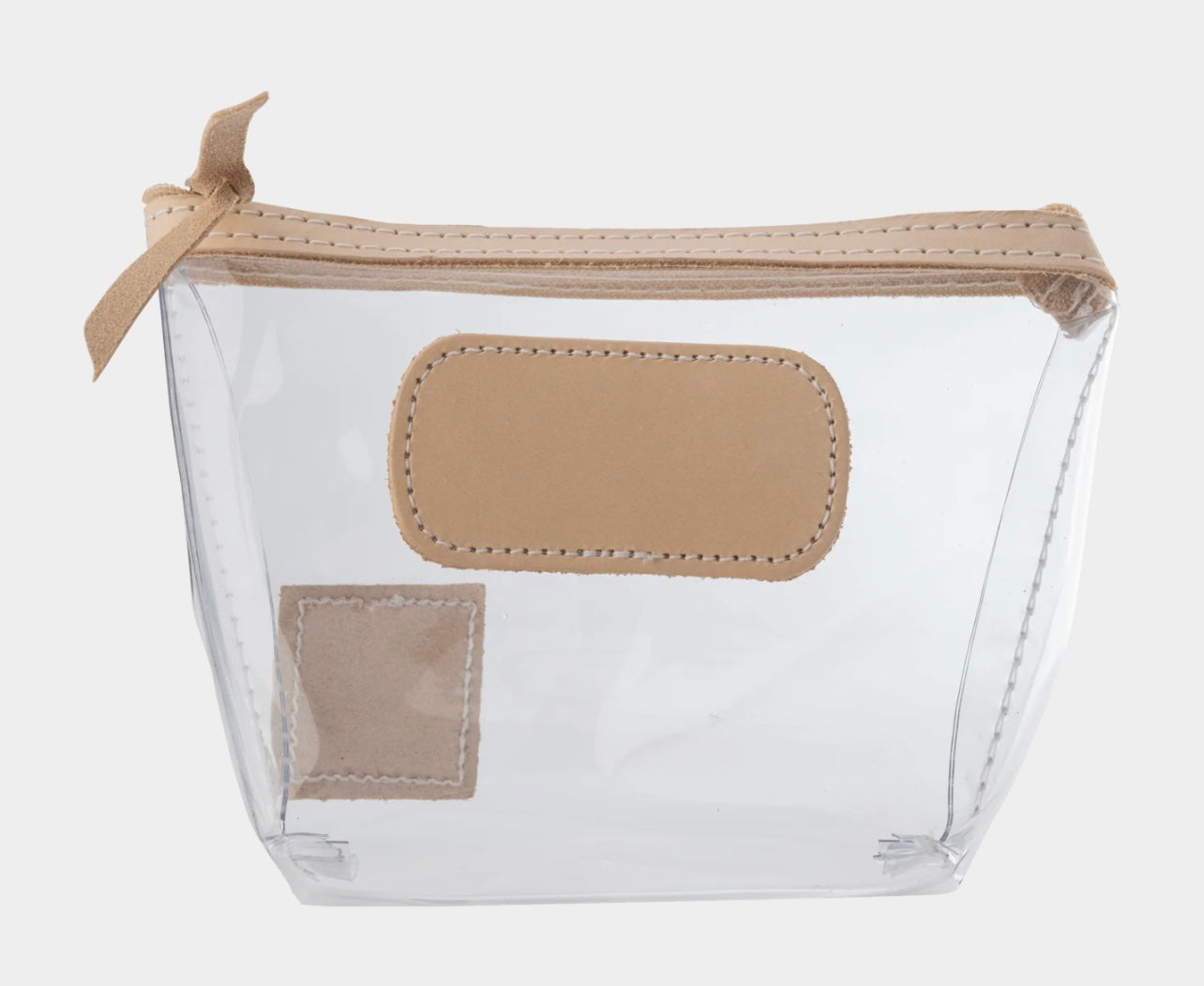 Jon Hart Airport Chico clear TSA-compliant travel pouch with Natural Leather trim, flat bottom, and zippered brass closure—perfect for carrying 3oz liquids and travel essentials.