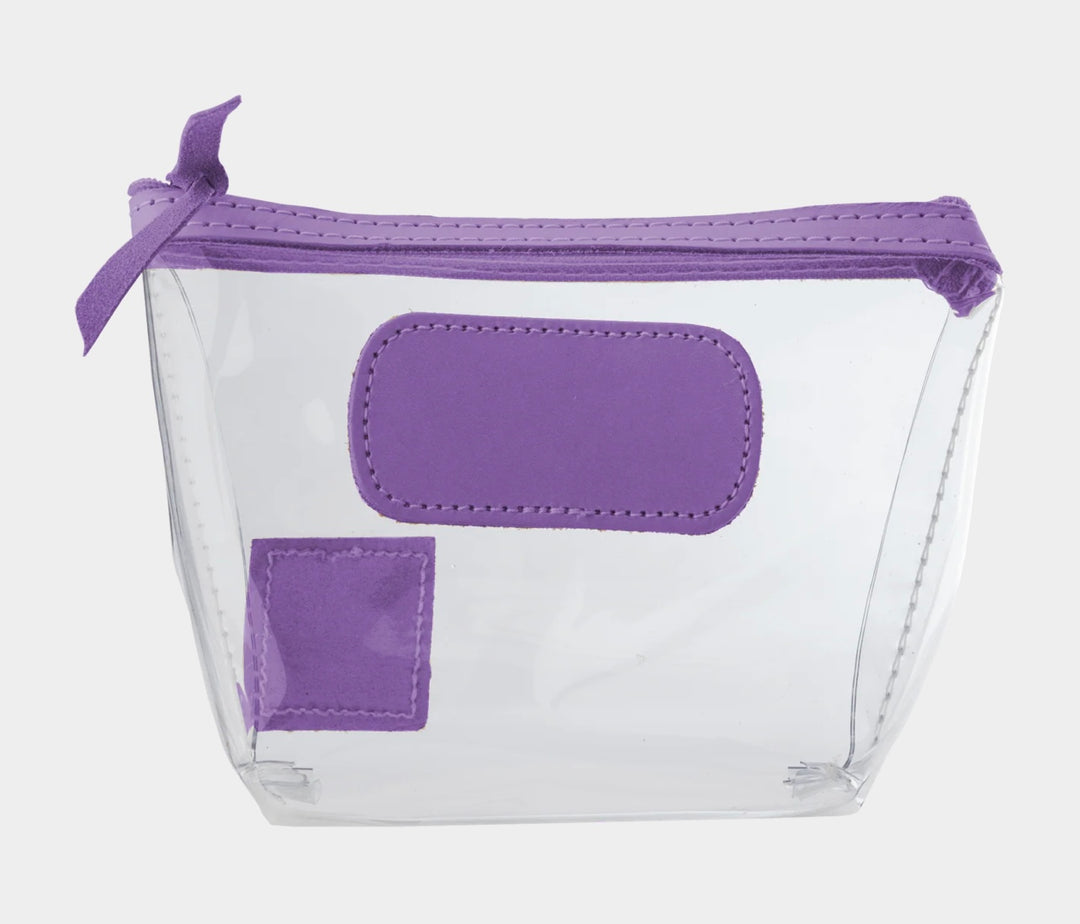 Jon Hart Airport Chico clear TSA-compliant travel pouch with plum Natural Leather trim, flat bottom, and zippered brass closure—perfect for carrying 3oz liquids and travel essentials.