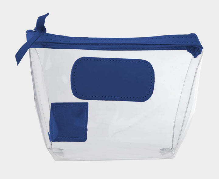 Jon Hart Airport Chico clear TSA-compliant travel pouch with royal blue Natural Leather trim, flat bottom, and zippered brass closure—perfect for carrying 3oz liquids and travel essentials.