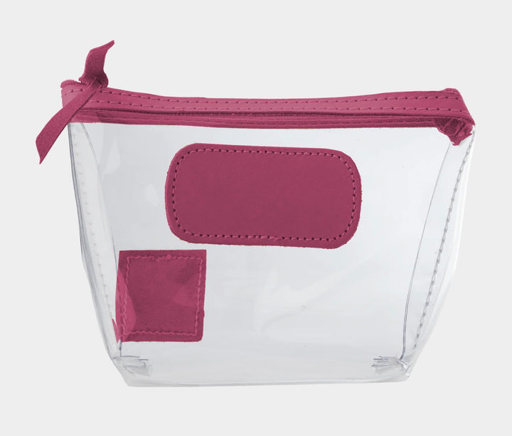 Jon Hart Airport Chico clear TSA-compliant travel pouch with sangria Natural Leather trim, flat bottom, and zippered brass closure—perfect for carrying 3oz liquids and travel essentials.