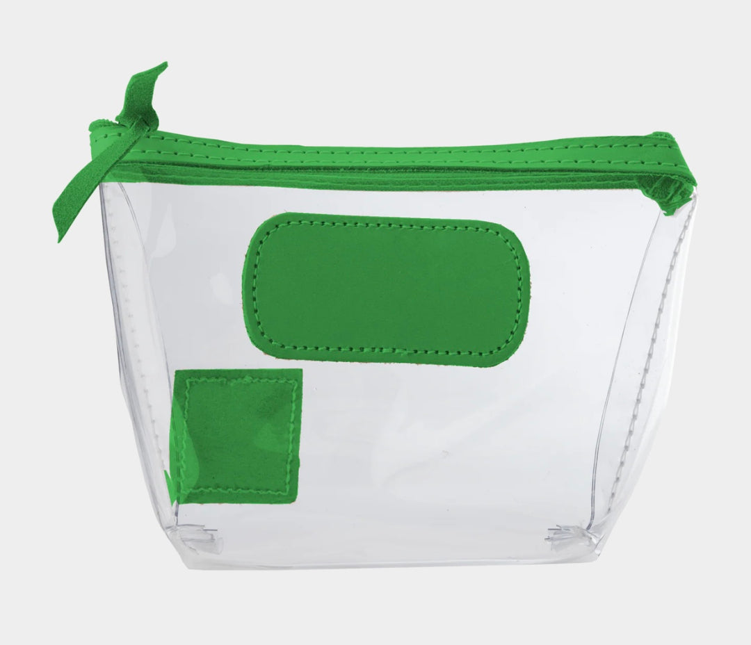 Jon Hart Airport Chico clear TSA-compliant travel pouch with shamrock Natural Leather trim, flat bottom, and zippered brass closure—perfect for carrying 3oz liquids and travel essentials.