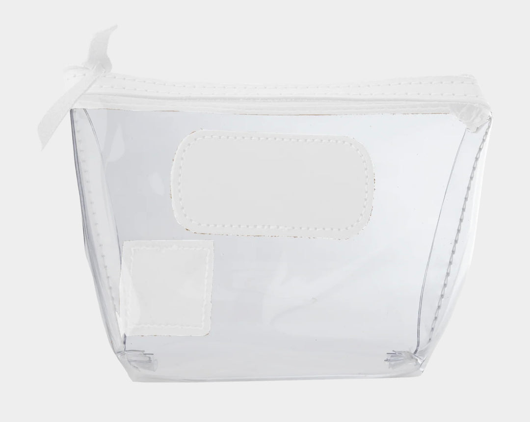 Jon Hart Airport Chico clear TSA-compliant travel pouch with white Natural Leather trim, flat bottom, and zippered brass closure—perfect for carrying 3oz liquids and travel essentials.