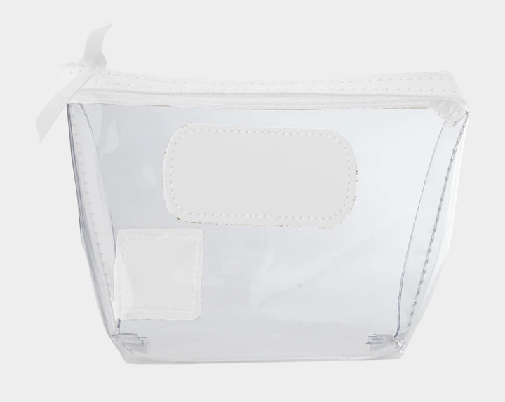 Jon Hart Airport Chico clear TSA-compliant travel pouch with white Natural Leather trim, flat bottom, and zippered brass closure—perfect for carrying 3oz liquids and travel essentials.