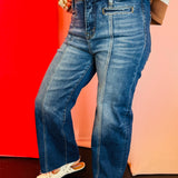 Bayeas High-rise wide-leg denim jeans with raw hem, front seam, and modern stretch fit.