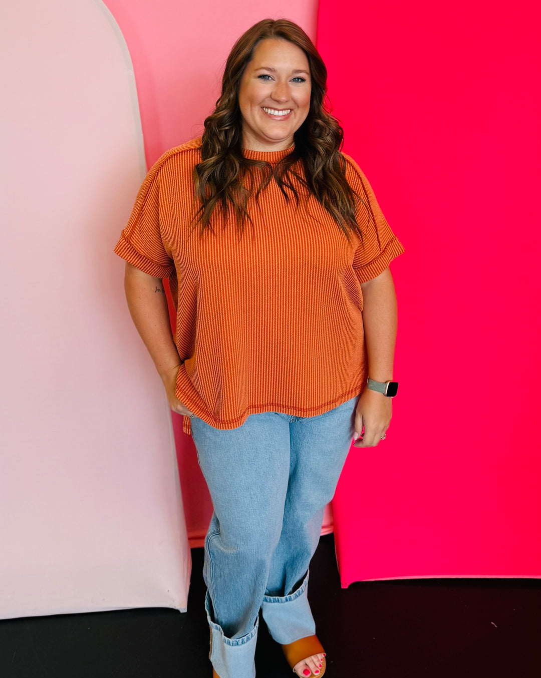 Burnt Orange Raised Ribbed Top (Plus)