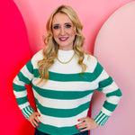 Zenana Kelly green striped cotton sweater with boxy fit, crew neckline, and contrast striped cuffs.