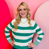 Zenana Kelly green striped cotton sweater with boxy fit, crew neckline, and contrast striped cuffs.