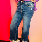 Zenana Mid-rise straight denim pants with raw hem in soft stretch fabric.