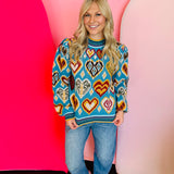 Sky Blue Heart Pattern Balloon Sleeve Sweater