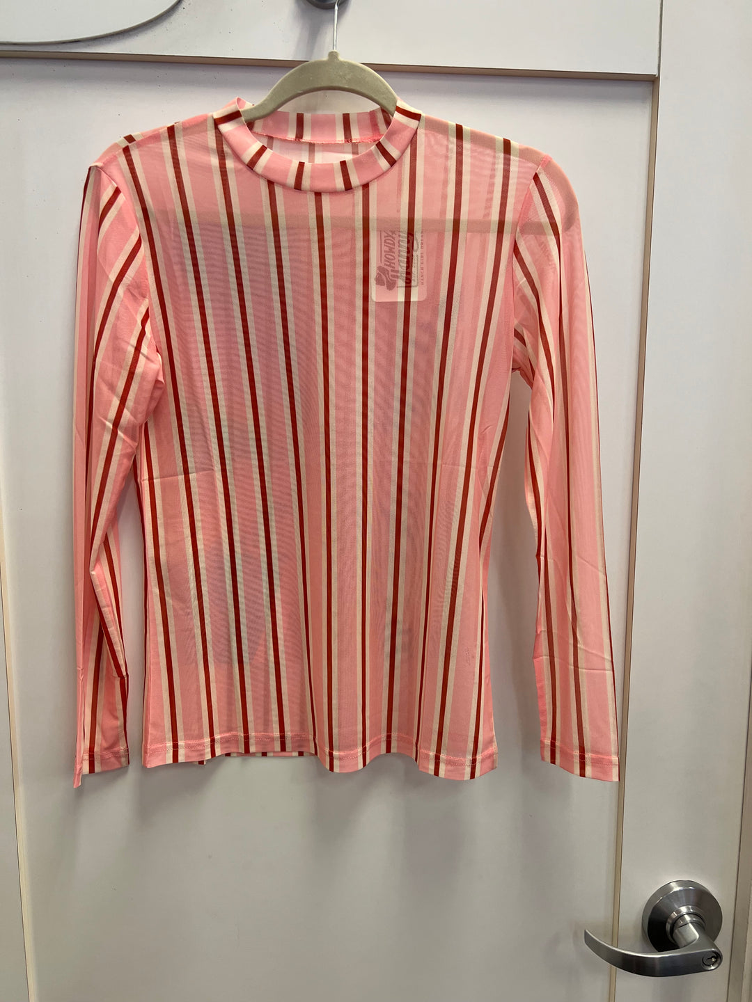 A sheer, long-sleeve mesh top with a mock neckline. The top features a vertical stripe pattern in various shades of pink, red, and white.